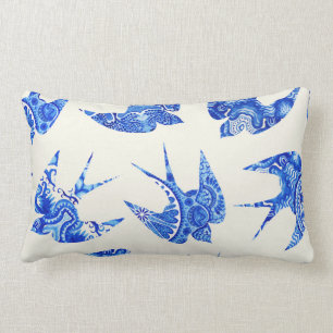 Blue Watercolor Swallow Bird Pattern Lumbar Pillow