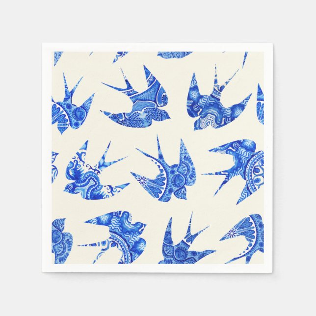 Blue Watercolor Swallow Bird Pattern Napkin (Front)
