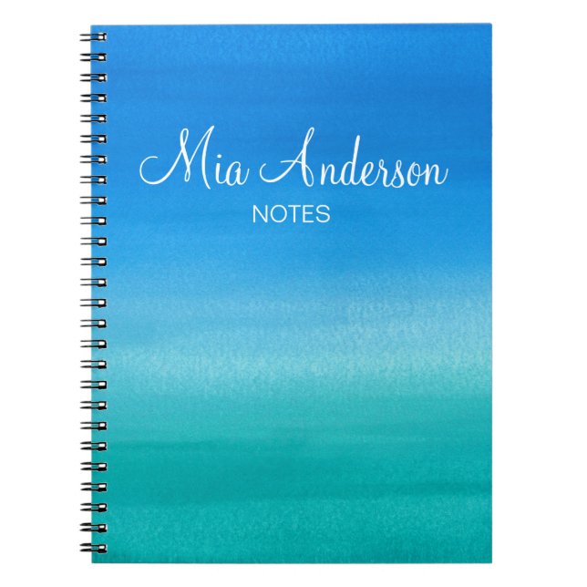 Blue Watercolor Teal Personalized Marine Notebook (Front)