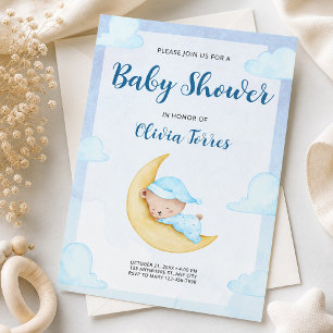 Blue Watercolor Teddy Bear on Moon Baby Shower Invitation