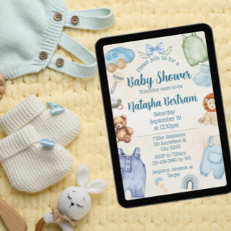 Blue Watercolor Toys & Clothes Baby Shower Invitation