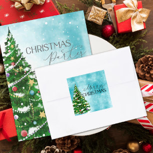 Blue Watercolor Tree Merry Christmas Envelope Square Sticker