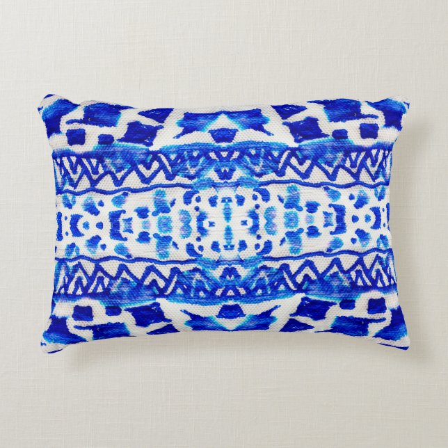 Blue watercolor tribal ethnic seamless pattern accent pillow (Front)
