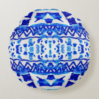 Blue watercolor tribal ethnic seamless pattern round pillow