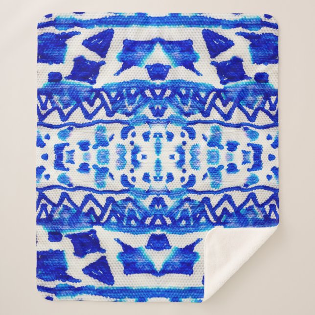 Blue watercolor tribal ethnic seamless pattern sherpa blanket (Front)