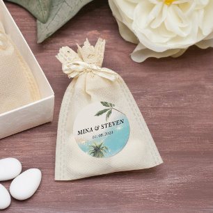 Blue watercolor tropical beach gold wedding classic round sticker