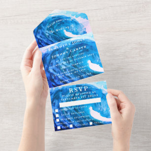 Blue Watercolor Tropical Destination Ocean Wave All In One Invitation