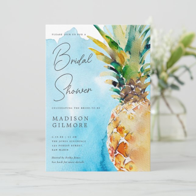 Blue Watercolor Tropical Pineapple Bridal Shower Invitation (Standing Front)
