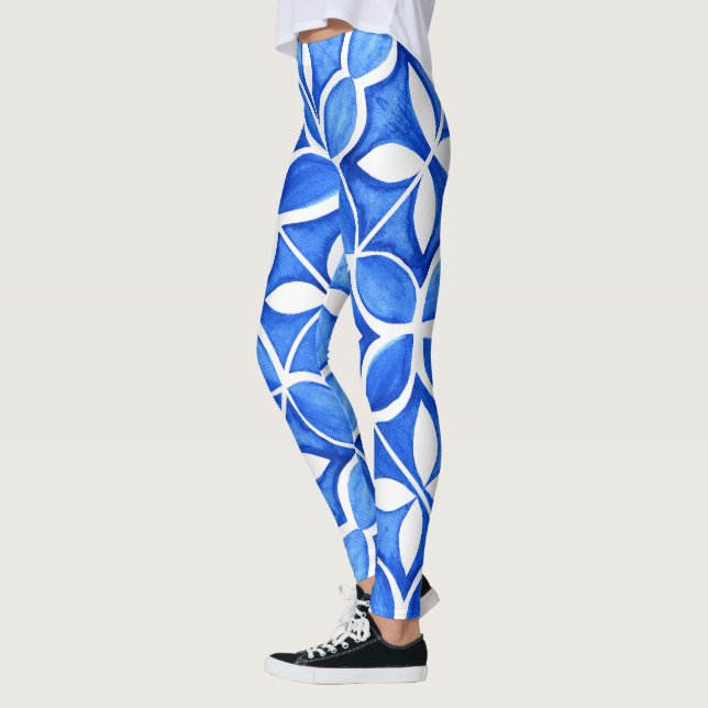 Blue Watercolor Tuscan Italian Tile  Leggings (Left)