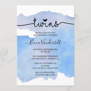 Blue Watercolor Twins Baby Shower Invitation
