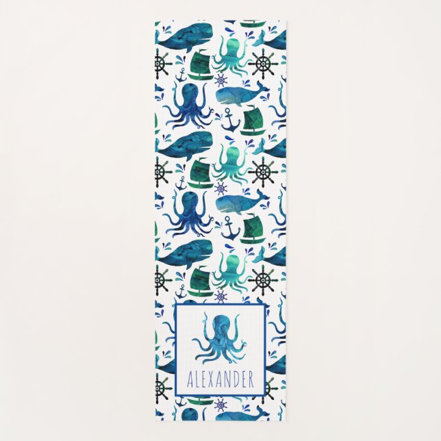 Blue Watercolor Under The Sea Octopus Kids Yoga Mat (Front)