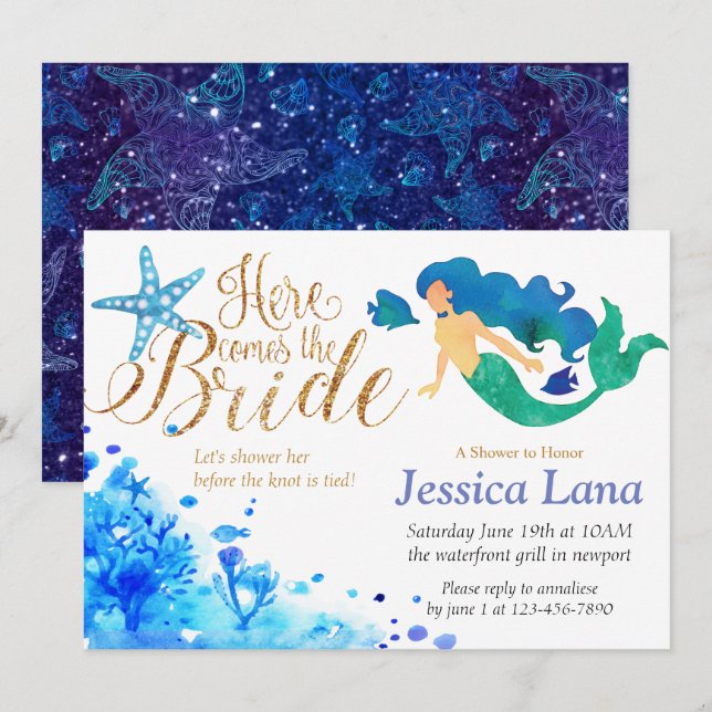 Blue watercolor undersea sweet mermaid golden text invitation (Front/Back)