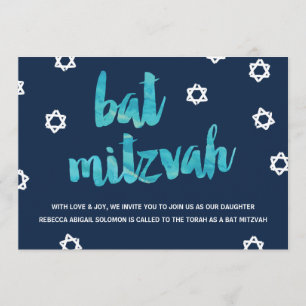 Blue Watercolor Unique Bat Mitzvah Invitation