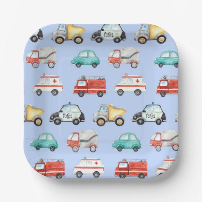 Blue Watercolor Vehicles / Cars Paper Plate (Front)