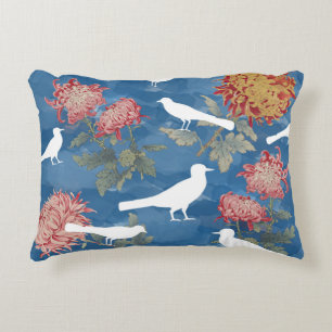 Blue Watercolor Vintage Flowers & Birds Accent Pillow