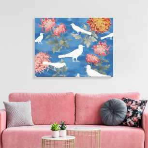 Blue Watercolor Vintage Flowers & Birds Canvas Print