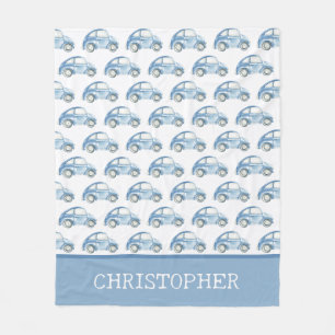Blue Watercolor Vintage Retro Buggy Bug Car Fleece Blanket