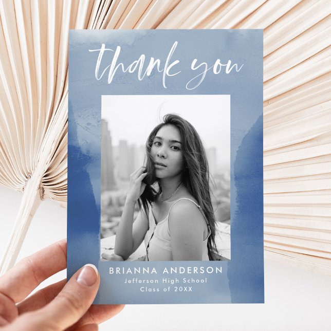 Blue Watercolor Wash Photo Graduation Thank You Card (Creator Uploaded)