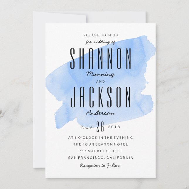 Blue Watercolor Wash Wedding Invitation (Front)