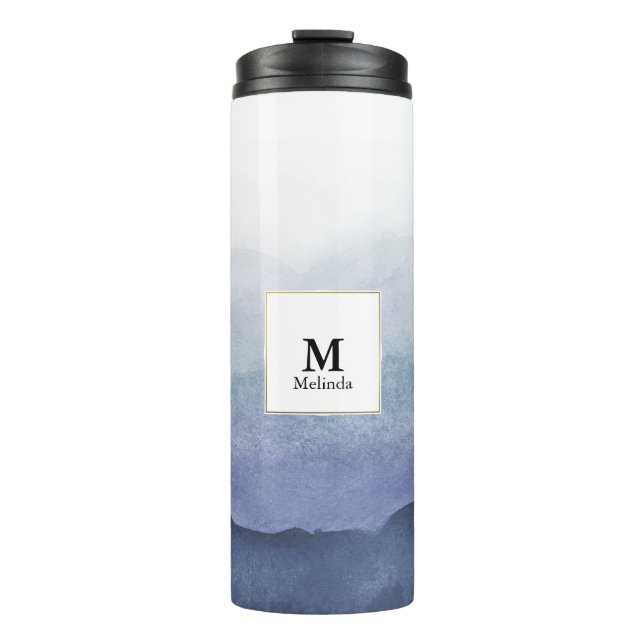 Blue Watercolor Waves Monogram Tumbler (Front)