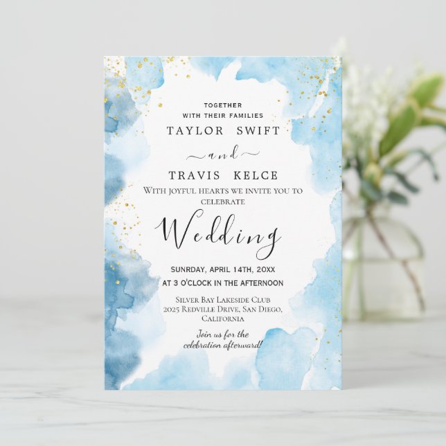 Blue Watercolor Wedding Invitation (Standing Front)