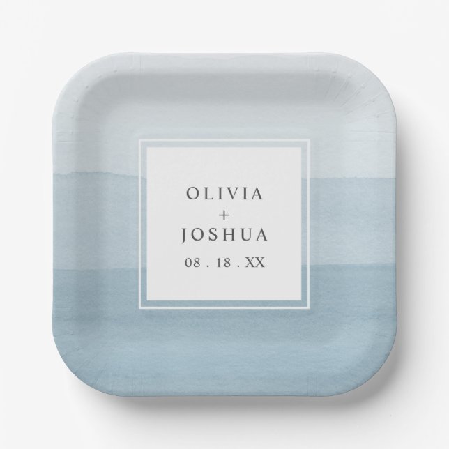 Blue Watercolor Wedding Paper Plate (Front)