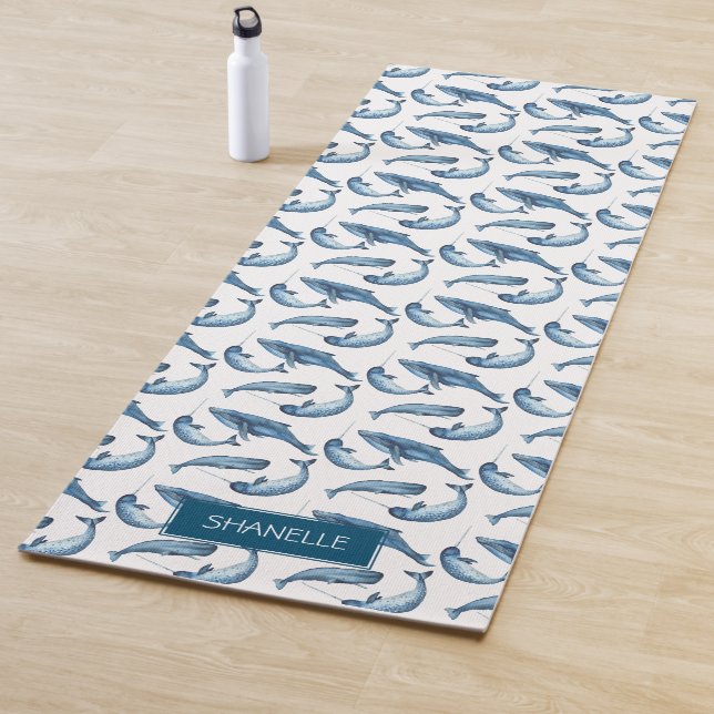 Blue Watercolor Whale and Narwhal Pattern Yoga Mat (In Situ)