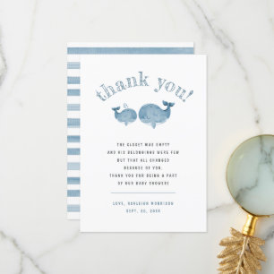 Blue Watercolor Whale Boy Baby Shower Thank You Card
