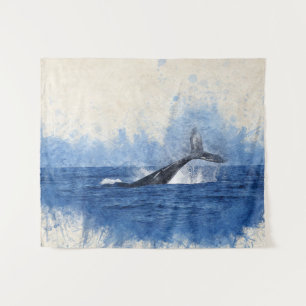 Blue Watercolor Whale Tapestry