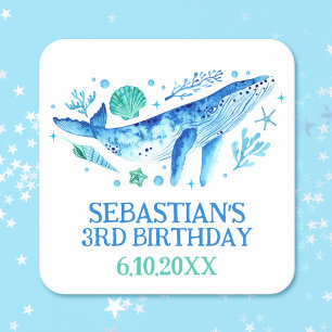 Blue Watercolor Whale Under the Sea Party Square Paper Coaster