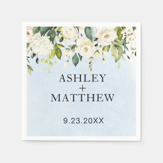 Blue Watercolor White Rose Elegant Wedding Napkins (Front)