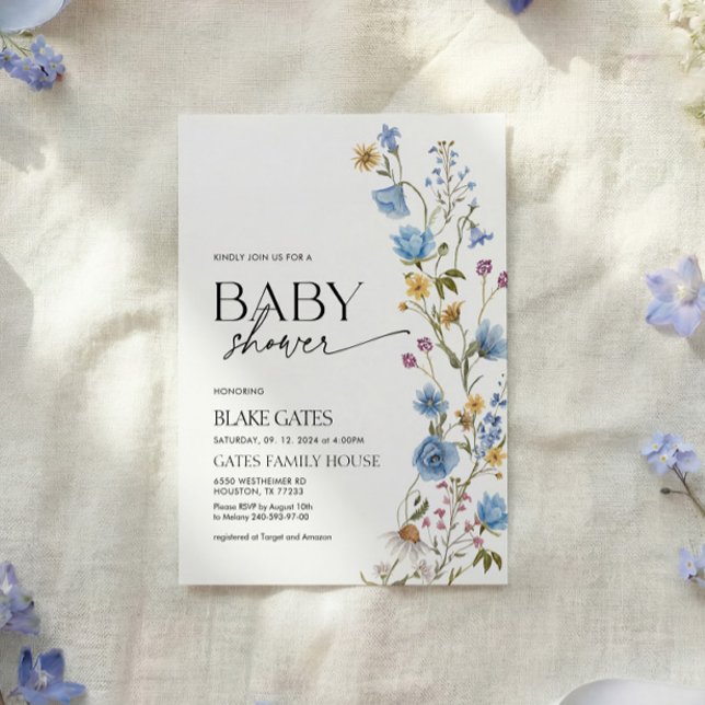 Blue Watercolor Wildflower Baby Shower Invitation (Creator Uploaded)
