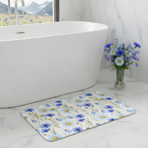 Blue Watercolor Wildflower Bath Mat