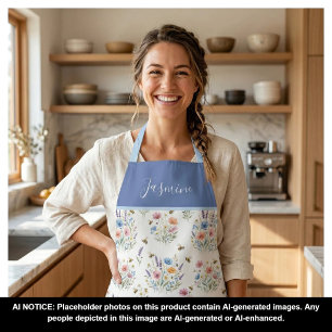 Blue Watercolor Wildflower Bees Boho Custom Name Apron