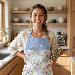 Blue Watercolor Wildflower Boho Custom Name Apron
