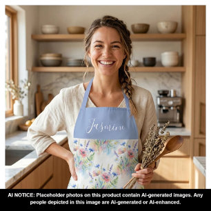 Blue Watercolor Wildflower Boho Custom Name Apron