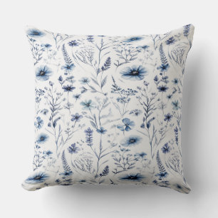 Blue Watercolor Wildflower Botanical Throw Pillow