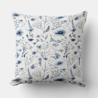 Blue Watercolor Wildflower Botanical Throw Pillow