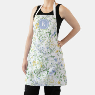 Blue Watercolor Wildflower Custom Initial Apron