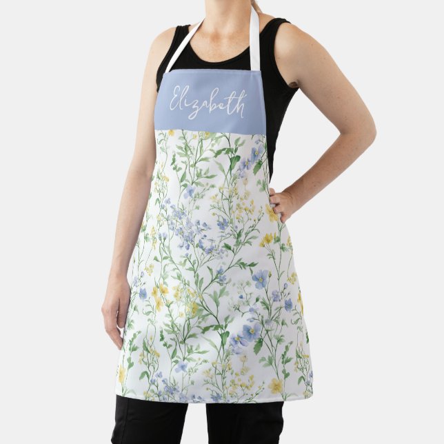 Blue Watercolor Wildflower Custom Name Apron (Insitu)