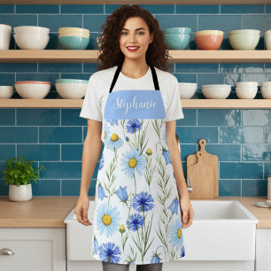 Blue Watercolor Wildflower Custom Name Apron