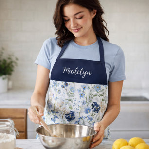Blue Watercolor Wildflower Custom Name Apron