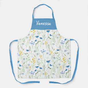 Blue Watercolor Wildflower Custom Name Apron