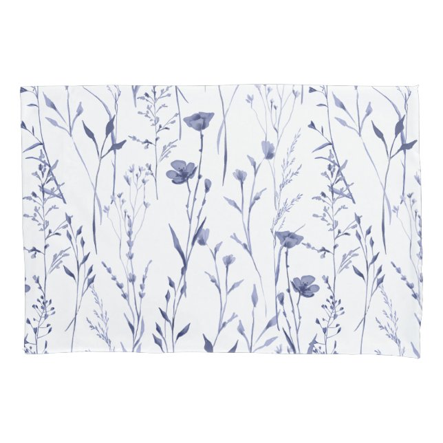 Blue Watercolor Wildflower Floral Leaf Pattern Pillowcase (Front)