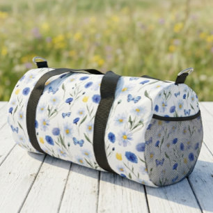 Blue Watercolor Wildflower Meadow Butterfly Duffle Bag