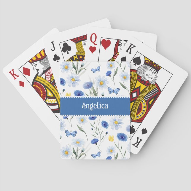 Blue Watercolor Wildflower Meadow Name Playing Cards (Back)