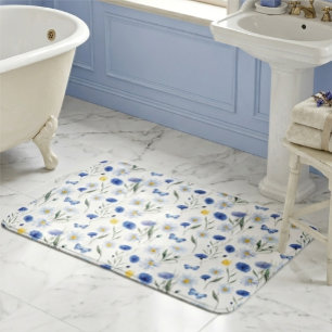 Blue Watercolor Wildflower Meadow Pattern Bath Mat