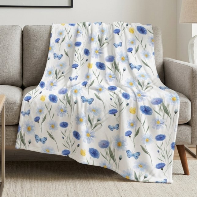 Blue Watercolor Wildflower Meadow Pattern Fleece Blanket (Creator Uploaded)