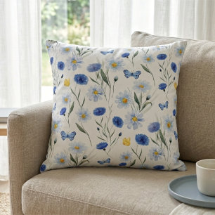 Blue Watercolor Wildflower Meadow Pattern Throw Pillow
