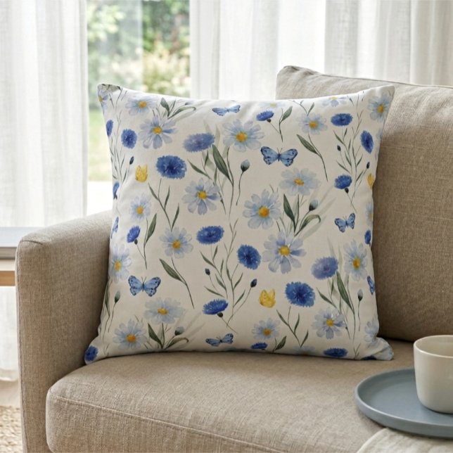 Blue Watercolor Wildflower Meadow Pattern Throw Pillow (Creator Uploaded)